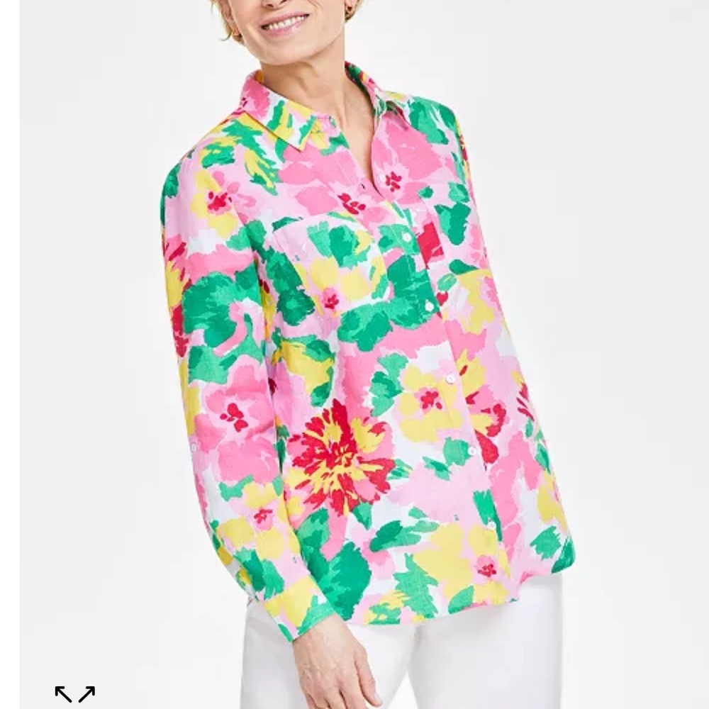 Charter Club Floral Luxury Linen button front top XXL